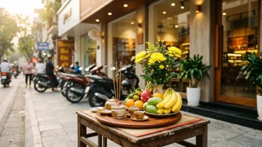 Mâm lễ vật chuẩn bị cho nghi thức đọc văn khấn khai trương đầu năm tại cửa hàng kinh doanh