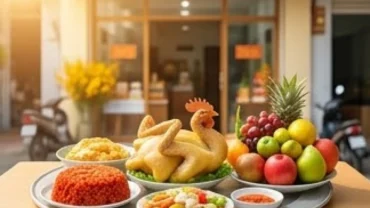 Mâm cúng tươm tất được chuẩn bị trước khi đọc bài văn khấn khai trương đầu năm để chiêu đón tài lộc