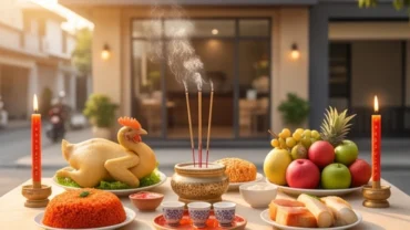 Mâm lễ vật tươm tất dâng lên thần linh trong nghi thức đọc văn khấn khai trương quán ăn mới