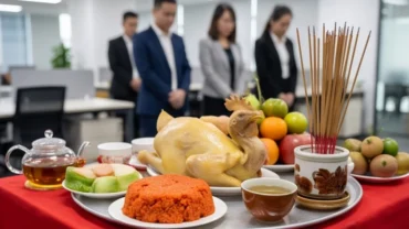 Mâm cúng và bài văn khấn khai trương văn phòng được chuẩn bị trang nghiêm với đủ xôi chè, gà luộc
