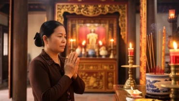 Người hành lễ chắp tay thành kính đọc văn khấn khi đi lễ đền trước ban thờ Mẫu uy nghi