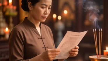 Người phụ nữ mặc áo tràng tĩnh tâm chắp tay đọc văn khấn khi đi lễ phủ trước không gian ban thờ linh thiêng