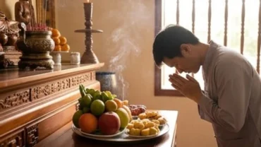 Mâm cúng chay trên ban thờ trong lúc người đi lễ nhẩm đọc văn khấn khi hạ lễ ở chùa