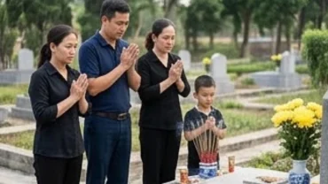 Gia chủ thành tâm đọc văn khấn khi thăm mộ gia tiên trong không gian nghĩa trang thanh tịnh