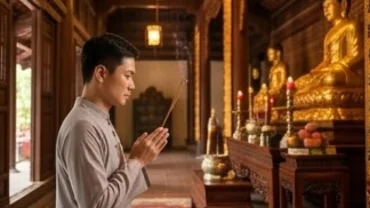 Người hành lễ chắp tay thành kính thực hiện nghi thức đọc bài văn khấn khi vào chính điện cầu bình an