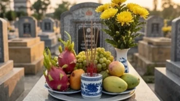 Gia chủ thành tâm chuẩn bị mâm lễ và đọc văn khấn lập bia mộ trước ban thờ tại phần mộ gia tiên