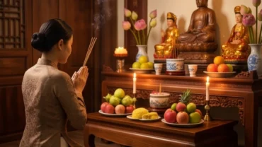 Gia chủ thành tâm đọc văn khấn lập điện thờ tại gia trước ban thờ Phật và Mẫu trang nghiêm