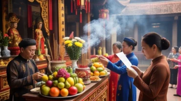 Người hành hương dâng lễ và nhẩm đọc bài văn khấn lễ hội Đền Bắc Lệ trước ban Công Đồng trung tâm