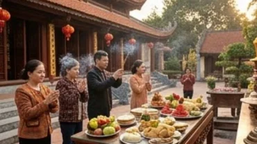 Quang cảnh trang nghiêm và người dân đọc văn khấn lễ hội Đền Cửa Ông đầu xuân