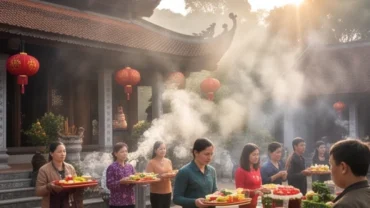 Người dân dâng hương và đọc văn khấn lễ hội Đền Thượng Lào Cai trước ban thờ uy nghi