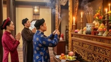 Người đi lễ thành tâm dâng hương và đọc văn khấn lễ hội Đền Và trước ban thờ uy nghiêm