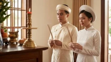Vợ chồng mới cưới đứng chắp tay trang nghiêm đọc văn khấn lễ lại mặt trước bàn thờ gia tiên nhà gái