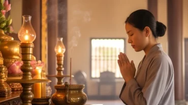 Người hành hương thành tâm chắp tay đảnh lễ trước ban Tam Bảo khi đọc văn khấn lễ Phật tại chính điện