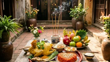 Mâm cúng trang trọng ngoài trời với gà luộc và xôi gấc dành cho nghi thức đọc văn khấn lễ tạ đất truyền thống của người Việt