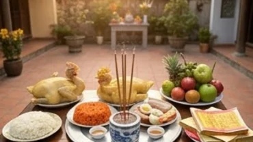 Mâm cúng trang nghiêm chuẩn bị cho việc đọc văn khấn lễ tạ đất cuối năm tại gia