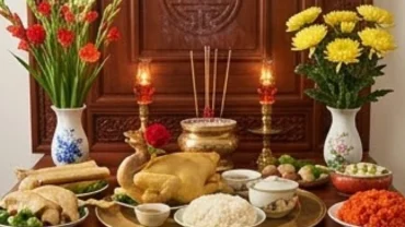 Gia chủ thành tâm chuẩn bị mâm cúng và đọc văn khấn lễ tạ tổ tiên tại bàn thờ gia đình