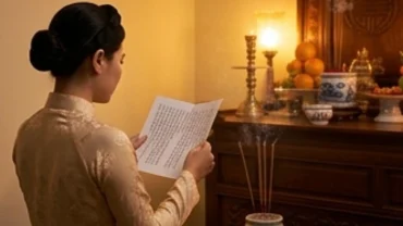 Gia chủ thành kính đọc văn khấn lễ Vu Lan trước ban thờ tổ tiên trang nghiêm với đầy đủ hương hoa