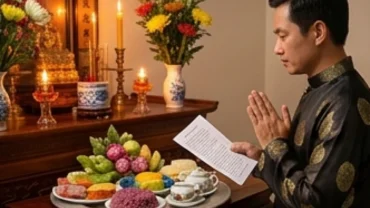 Gia chủ chắp tay thành kính đọc bài văn khấn lễ Vu Lan cầu siêu trước ban thờ gia tiên rằm tháng Bảy