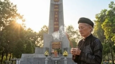 Bậc cao niên thành kính thắp nhang và đọc văn khấn liệt sĩ tại đài tưởng niệm để tưởng nhớ công ơn