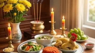 Mâm cúng tươm tất dâng lên bàn thờ gia tiên để đọc văn khấn liệt sĩ tại nhà nhân ngày 27/7
