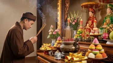 Mâm lễ dâng Tam Tòa Thánh Mẫu trang nghiêm tại đền phủ cùng người hành lễ đang thành tâm đọc văn khấn Mẫu