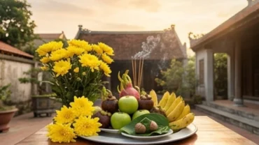 Mâm lễ chay thanh tịnh dâng lên bàn thờ ngoài trời chuẩn bị cho nghi thức đọc văn khấn Mẫu Cửu Trùng Thiên