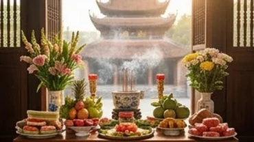 Toàn cảnh đền Đông Cuông với mâm lễ dâng Mẫu Thượng Ngàn trang nghiêm