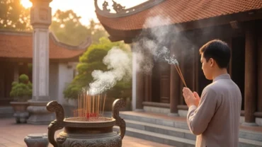 Người hành hương chắp tay thành kính đọc văn khấn tại Đền Mẫu Hưng Yên