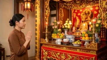 Người phụ nữ mặc áo dài lam thành kính chắp tay dâng văn khấn Mẫu Liễu Hạnh tại ban thờ lộng lẫy uy nghi.
