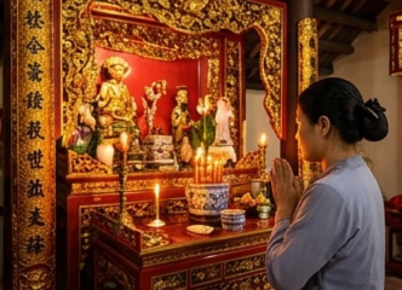 Bóng dáng người đi lễ chắp tay lẩm nhẩm bài văn khấn trước ban thờ uy nghi