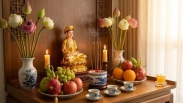 Bàn thờ trang nghiêm chuẩn bị cho nghi thức đọc văn khấn Mẫu Liễu Hạnh tại nhà với hoa quả và đèn nhang