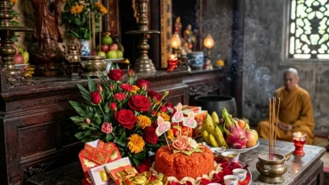 Mâm lễ vật truyền thống tông màu đỏ dâng Thánh Mẫu Liễu Hạnh khi đọc văn khấn mẫu sòng sơn cầu bình an