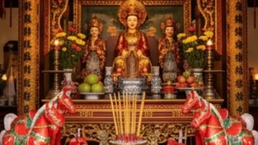 Bài văn khấn Mẫu Sòng Sơn tại đền chính điện với mâm lễ đỏ rực rỡ và hương khói nghi ngút