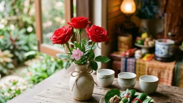 Mâm lễ chay tịnh với hoa hồng đỏ và trầu cau được chuẩn bị chu đáo để đọc văn khấn mẫu tại nhà