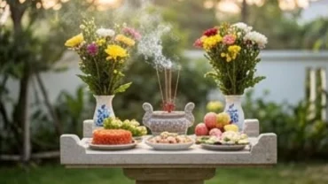Gia chủ đang thành tâm đọc văn khấn Mẫu Thiên ngoài trời trước bàn thờ thiên trong không gian thanh tịnh