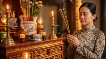 Người hành lễ dâng hương và mâm lễ đọc văn khấn Mẫu Thoải tại Đền Ghềnh