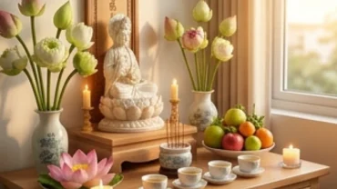 Bàn thờ trang nghiêm với hoa tươi, mâm quả chay tịnh sẵn sàng cho việc đọc văn khấn Mẹ Diêu Trì cầu bình an.