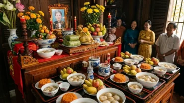 Mâm lễ cúng mụ truyền thống được bày trí trang nghiêm để đọc văn khấn mẹ sanh mẹ độ cho bé sơ sinh