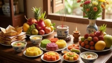 Mâm lễ tươm tất chuẩn bị cho nghi thức đọc văn khấn Mẹ Sanh Mẹ Độ cầu bình an cho trẻ