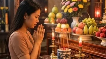 Người phụ nữ thành tâm chắp tay đọc văn khấn miếu bà trước ban thờ nghi ngút khói hương
