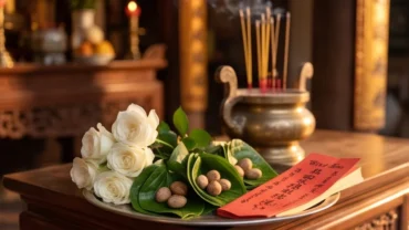 Bản văn khấn Miếu Bà Chúa Năm Phương được đặt trang trọng cạnh mâm lễ hoa trắng
