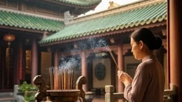 Người hành hương thành tâm dâng hương và đọc văn khấn Miếu Bà Chúa Xứ Núi Sam tại chánh điện trang nghiêm