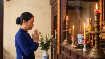 Người phụ nữ mặc áo dài chắp tay thành kính đọc văn khấn miếu Cô trước ban thờ Mẫu trang nghiêm