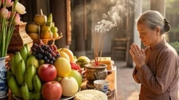 Mâm lễ vật trang nghiêm và người dân đang đọc văn khấn miếu Ngũ Hành cầu bình an