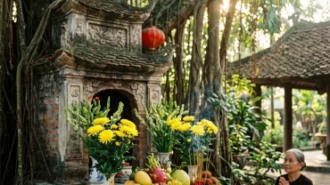 Mâm lễ chay và mặn trang trọng dâng lên ban thờ cùng bài văn khấn miếu thần linh