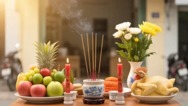 Mâm lễ vật và nhang đèn chuẩn bị cho nghi thức đọc văn khấn mở cửa hàng đầu năm
