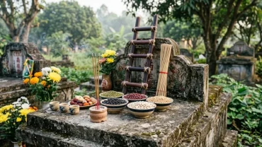 Mâm lễ vật truyền thống và bài văn khấn mở cửa mả được chuẩn bị trang nghiêm tại khu mộ