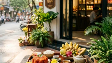Mâm lễ vật tươm tất chuẩn bị cho nghi thức đọc văn khấn mở hàng đầu năm tại cửa hàng kinh doanh