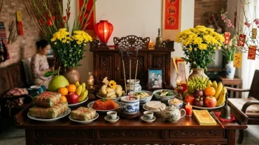 Mâm lễ vật cúng tất niên và bài văn khấn mời các cụ về ăn tết truyền thống của gia đình Việt Nam