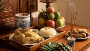 Bàn thờ gia tiên truyền thống với mâm cúng đầy đủ để đọc văn khấn mời gia tiên về thụ hưởng lễ vật